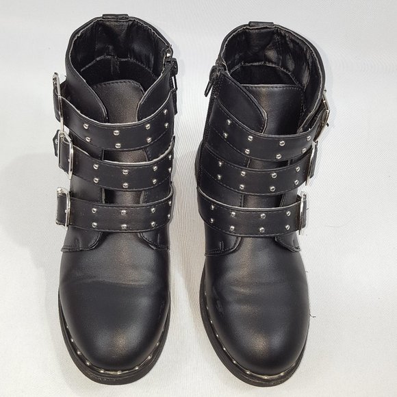 Punk Biker Boots Black Buckles Studs Girls 7 - Picture 4 of 5